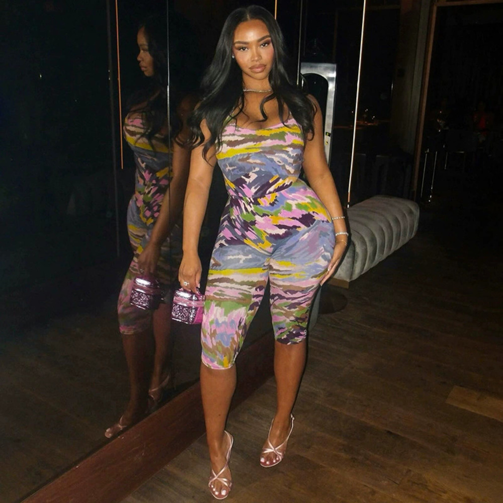 Zara Wind Print Sleeveless Bodysuit Tight Capri Pants Set